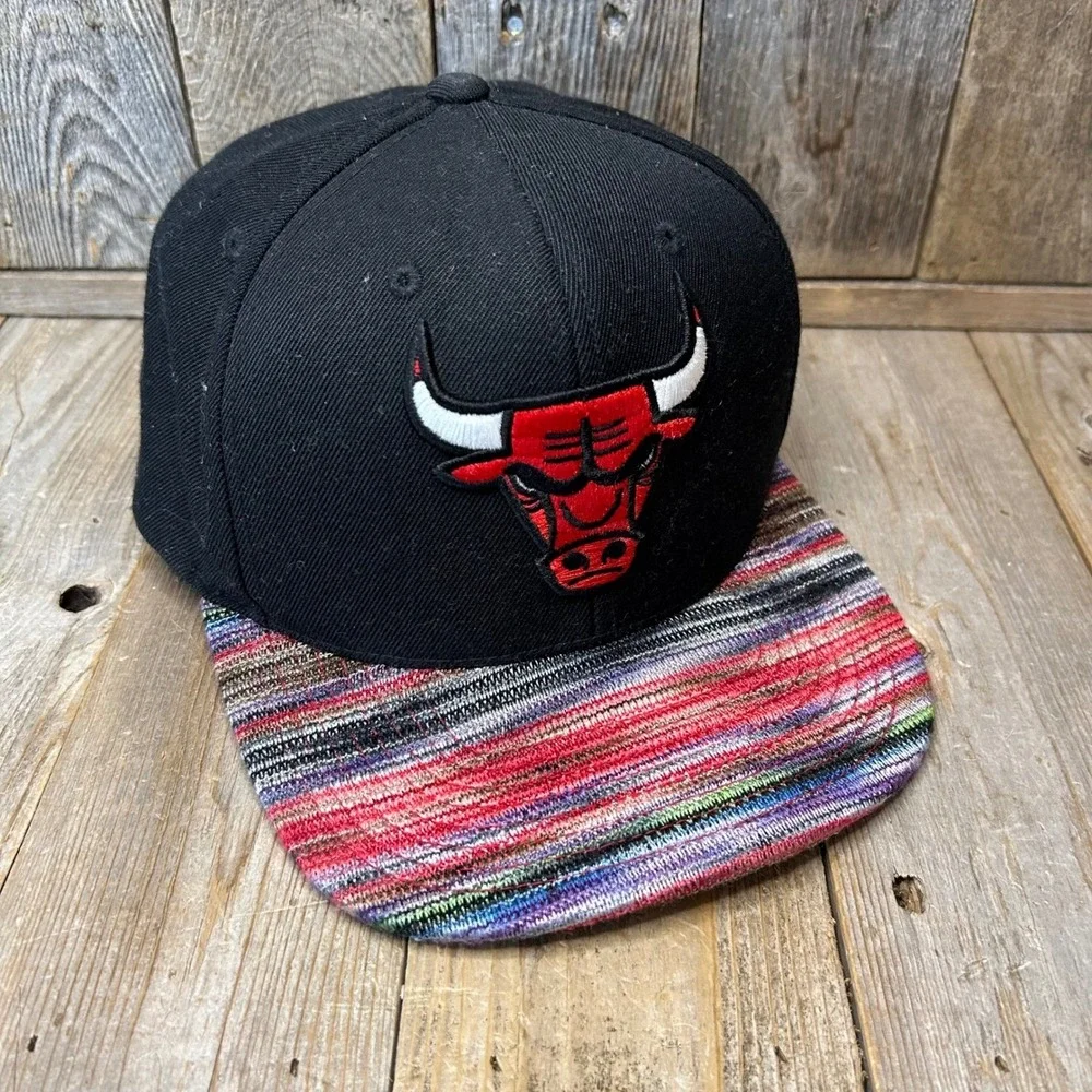 Mitchell & Ness‎ Chicago Bulls Snapback Hat Black Multi Color Baja Stripe Brim